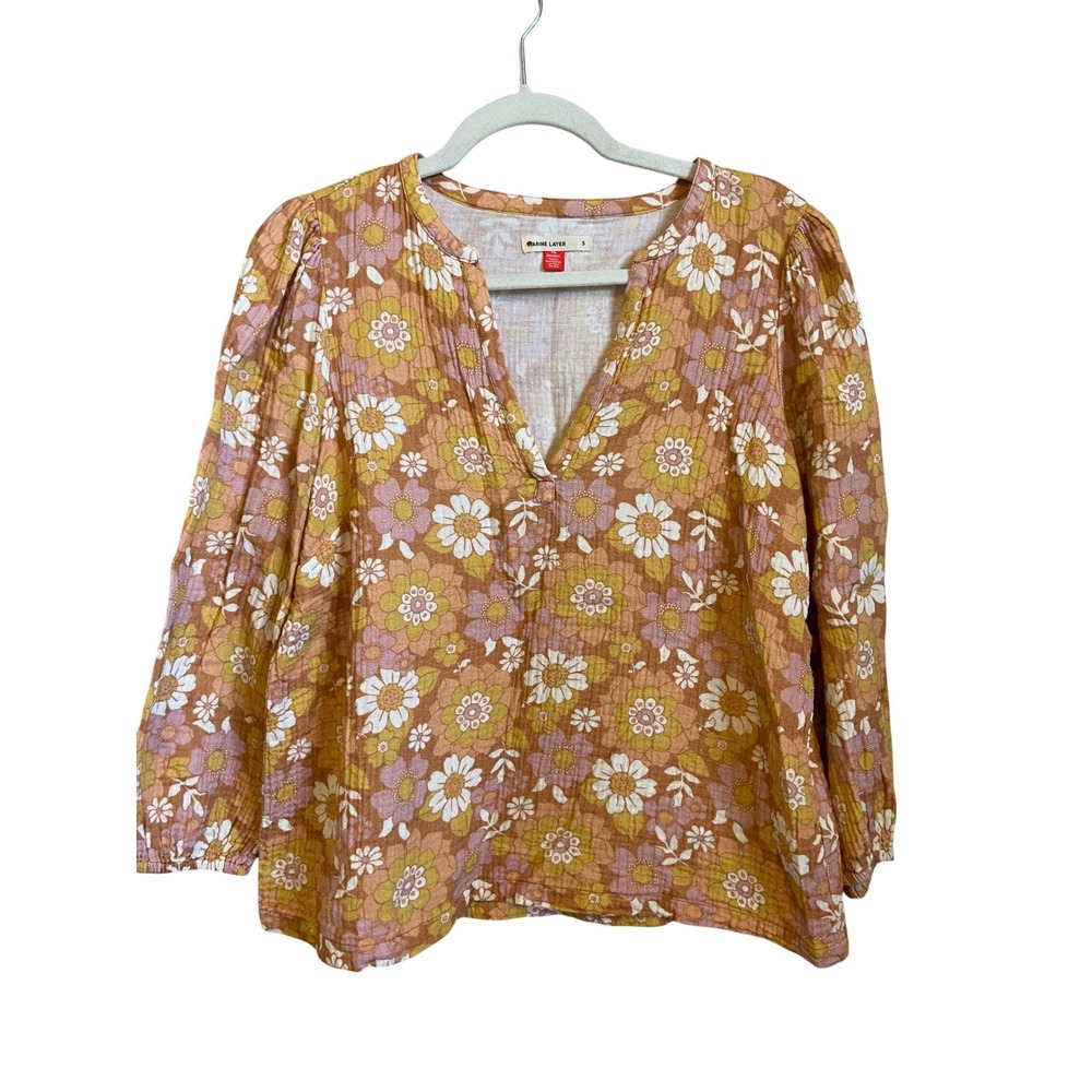 Marine Layer Womens Floral Double Gauze Cotton Blouse Orange Pink Small